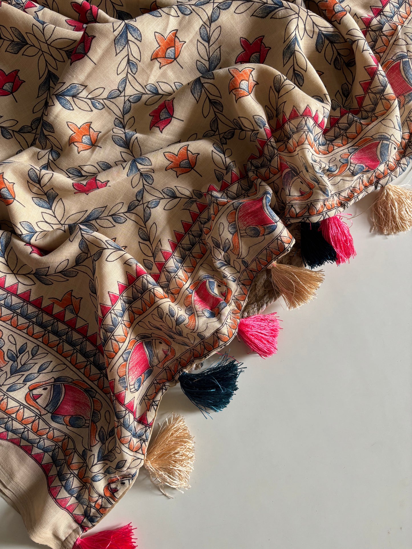 Traditional Madhubani Print Linen Saree
