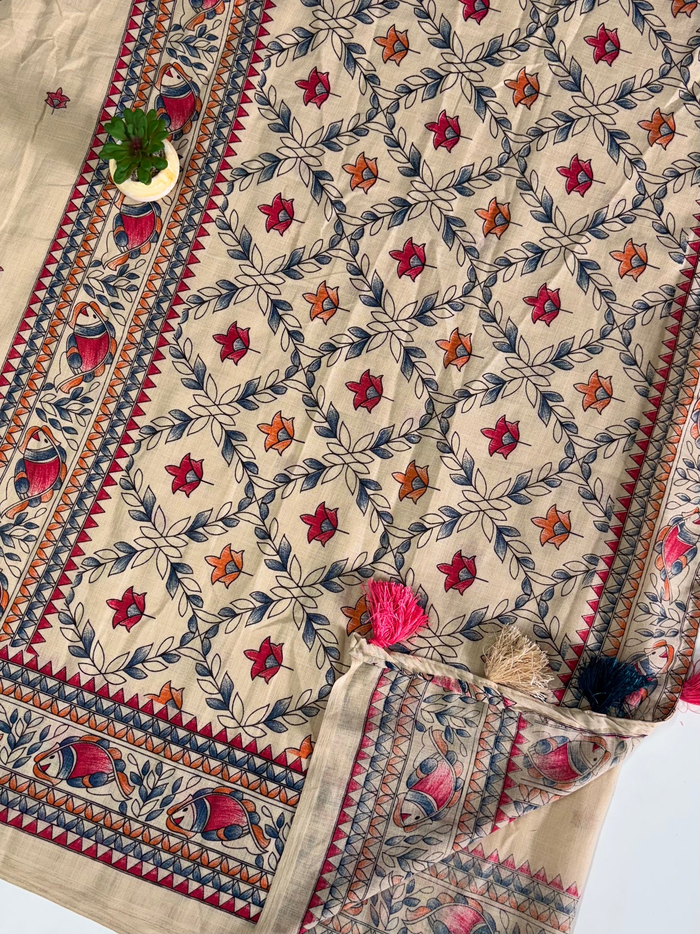 Traditional Madhubani Print Linen Saree